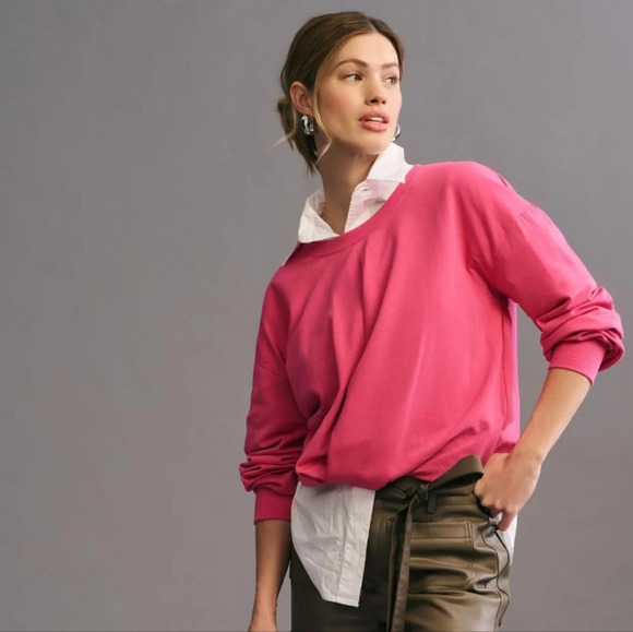 MAEVE Hot Pink Crewneck Cropped Sweatshirt, Faux Knot Twisted Front Hem, XS - Picture 2 of 14